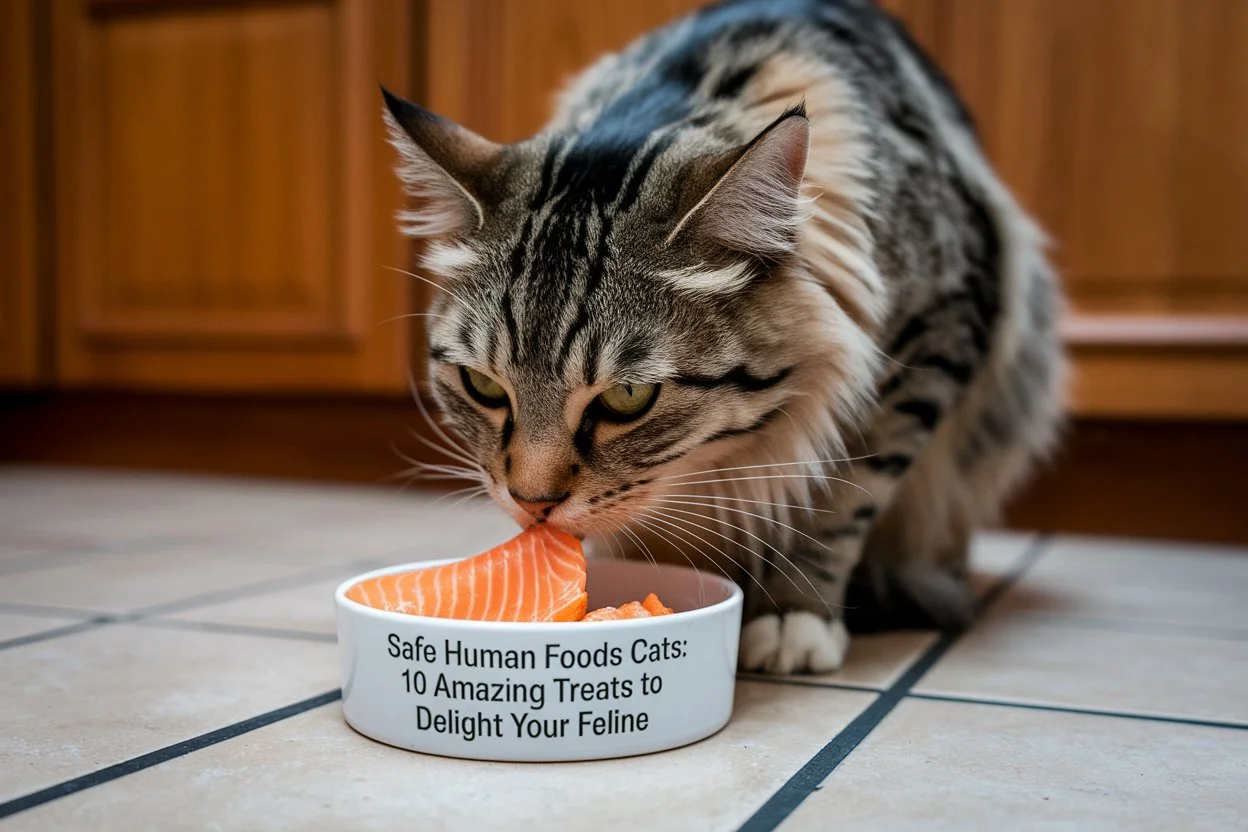 A photo of a cat licking a salmon-based treat off the floor. The treat is from a bowl labelled "Safe Human Foods Cats: 10 Amazing Treats to Delight Your Feline". The background is a kitchen with wooden cabinets and a tile floor.